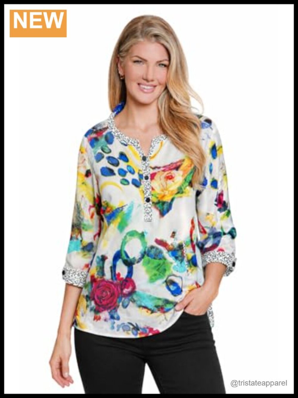 Womens Tunic Top Woven Button Up 3/4 Sleeve Viscose Rayon